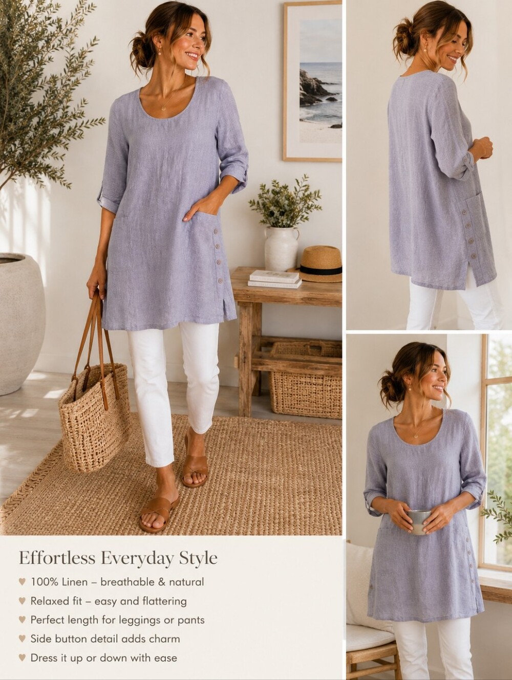 FLAX 100% Linen Lavender Tunic Top Dress P Side Button Cottage Lagenlook